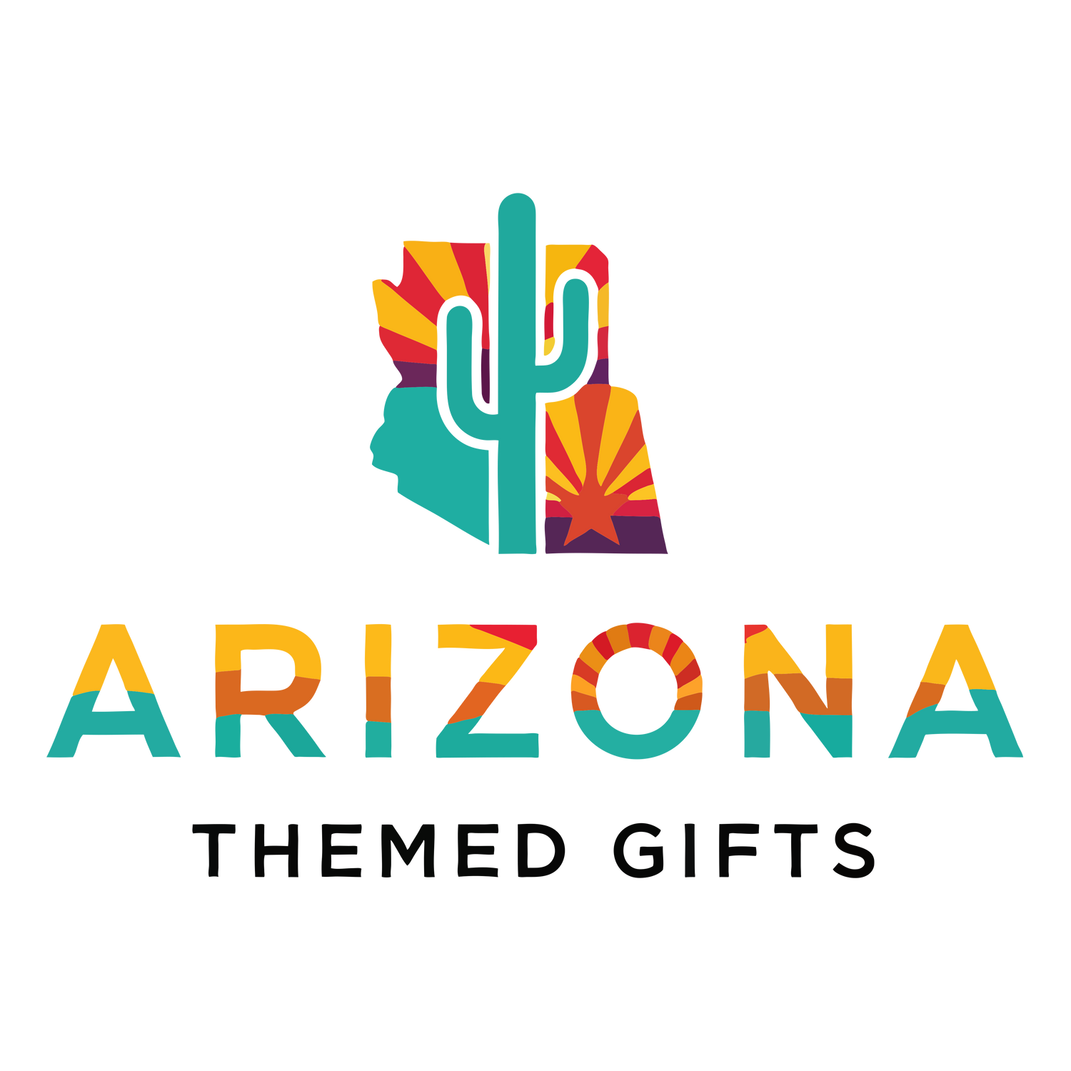 Arizona souvenirs including cactus figurines, Grand Canyon plaque, and AZ keychain on desert background