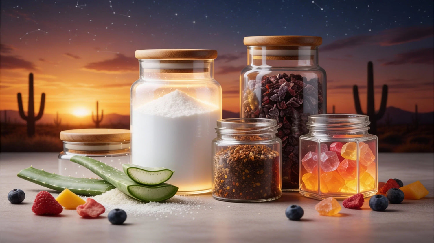 Desert-themed sweet treats in glass jars with cactus, berries, and candy at Arizona sunset.