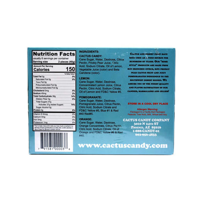 Back of cactus candy box showing nutrition facts, ingredients, allergen warning, and storage instructions.