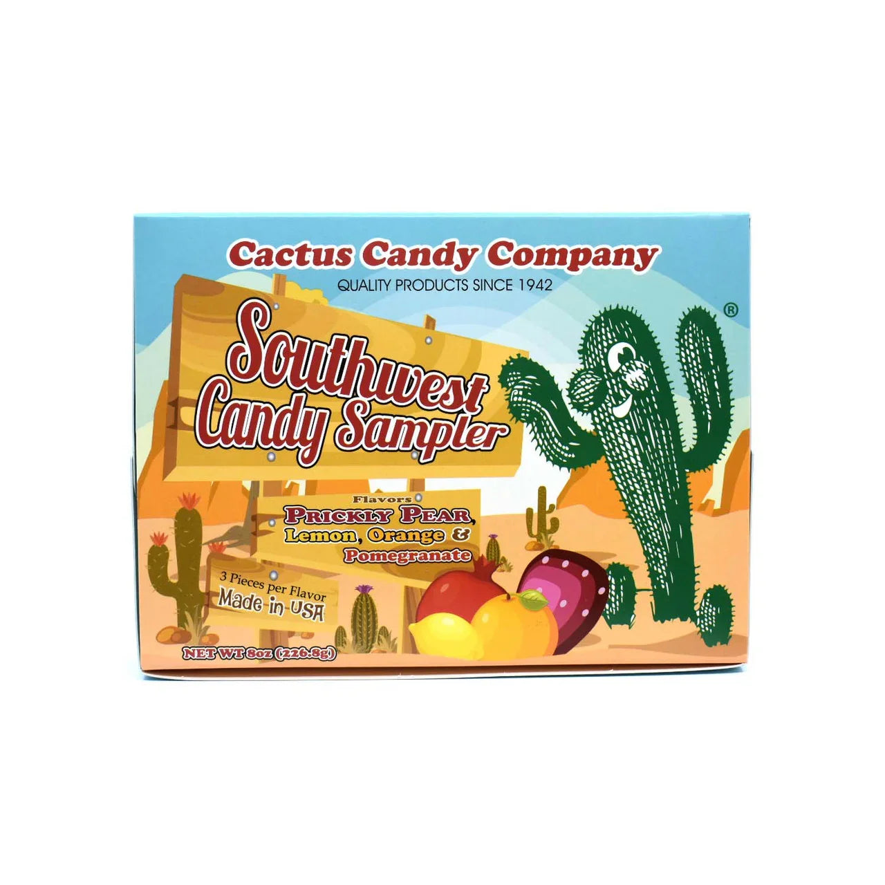 Southwest Candy Sampler box with a smiling cartoon cactus and fruit flavor illustrations on desert background.