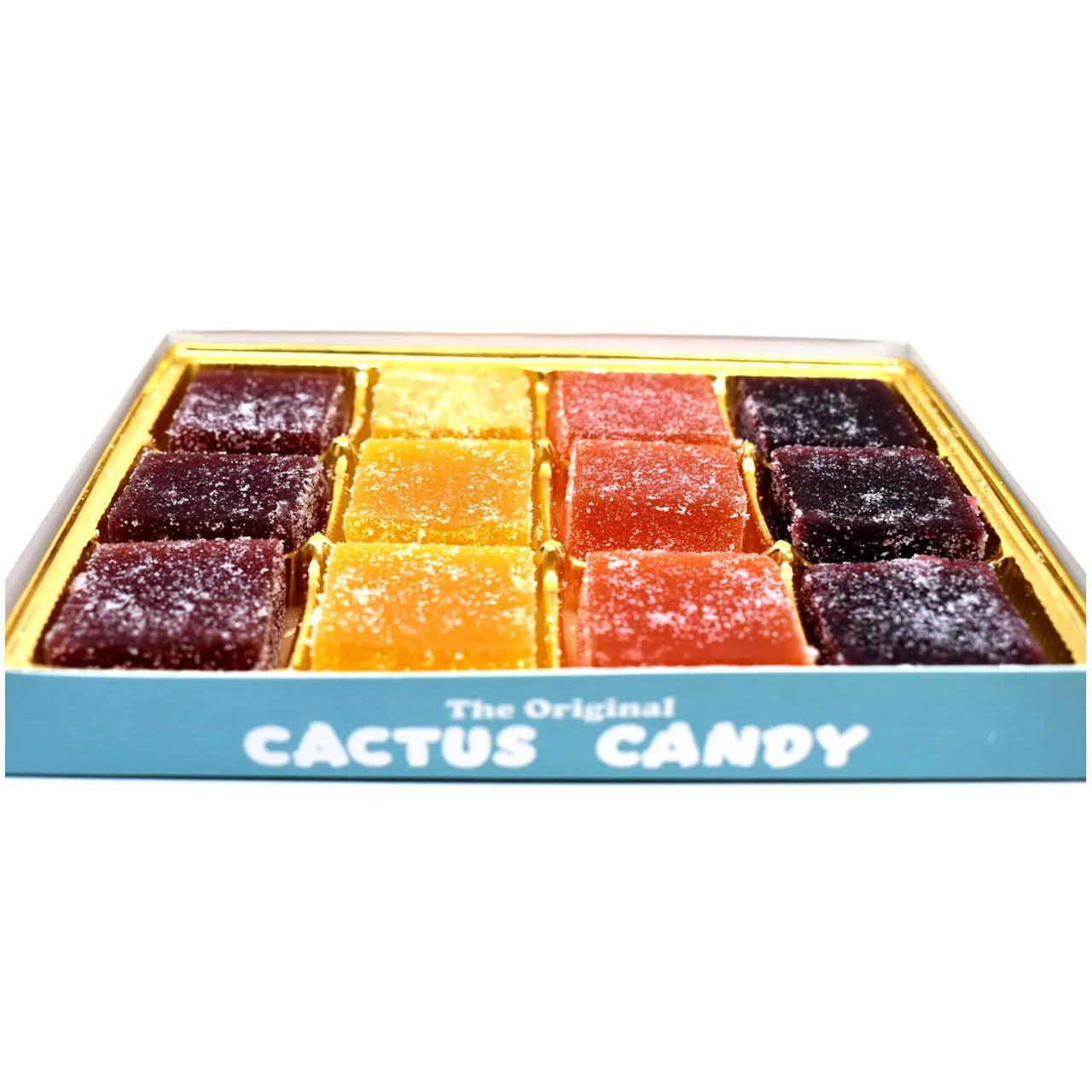 Assorted colorful cactus candy squares in a blue box, sugar-coated desert fruit treats