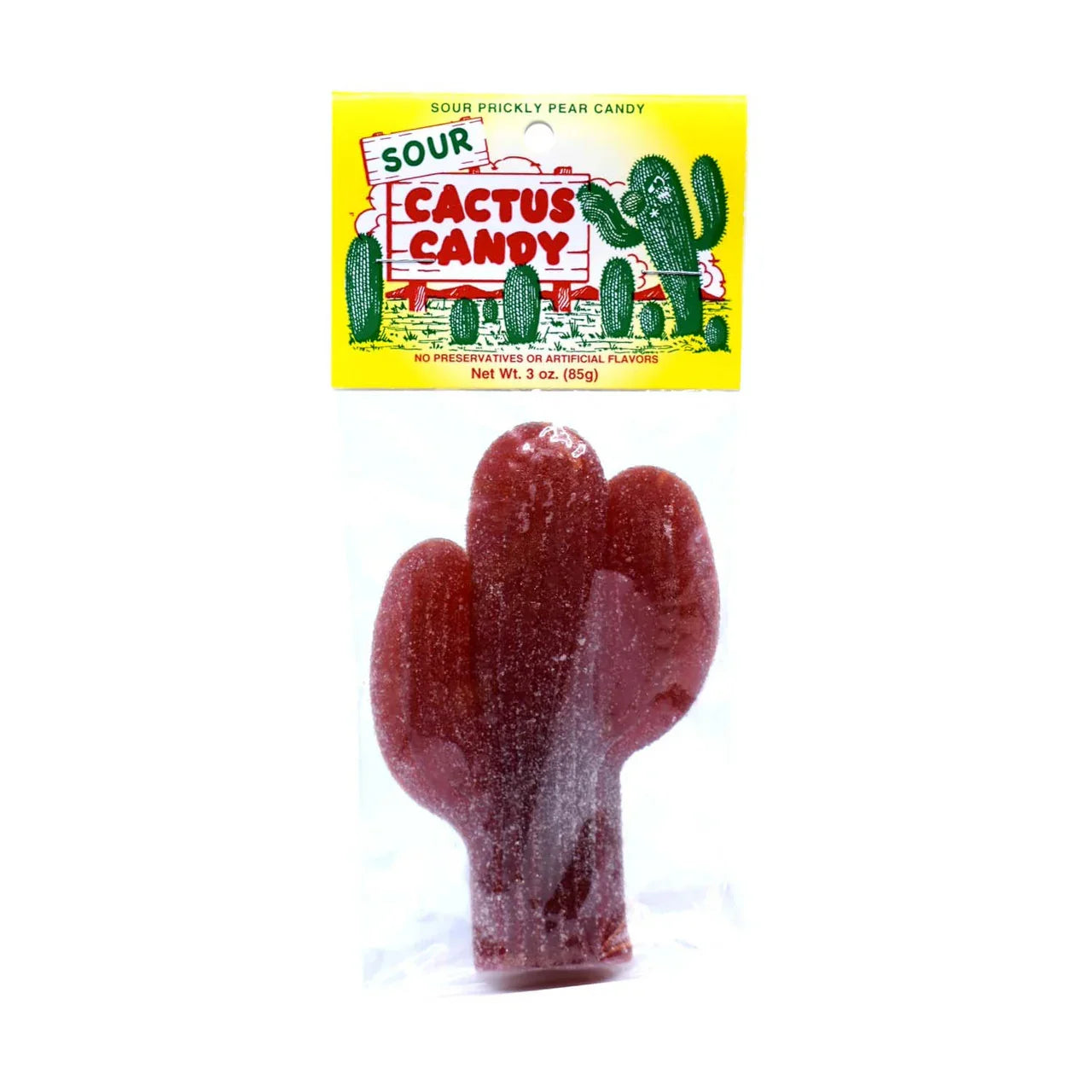 Sour cactus-shaped prickly pear candy in clear packaging with yellow label, 3 oz
