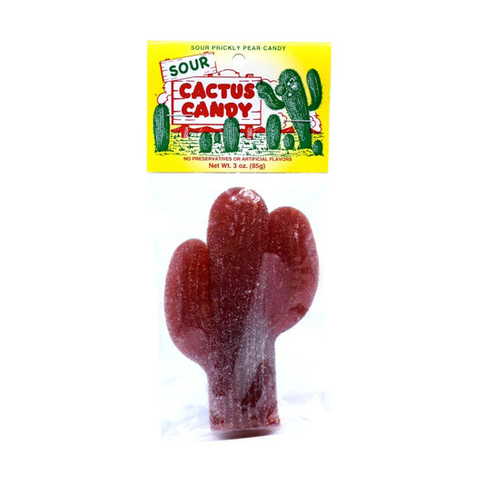 Sour cactus-shaped prickly pear candy in clear packaging with yellow label, 3 oz