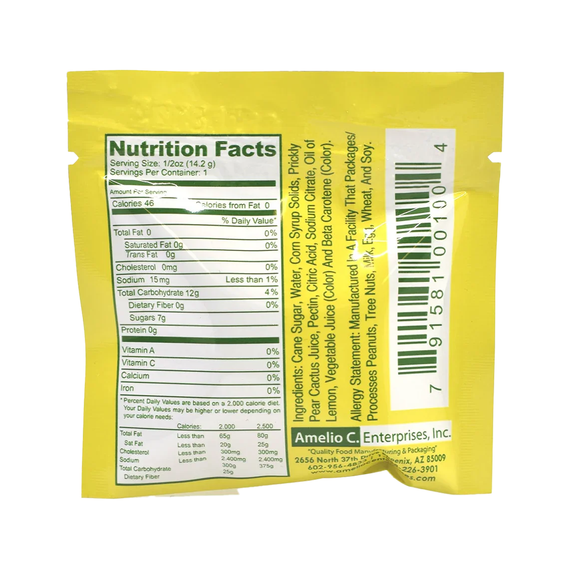 Back of cactus candy singles package showing nutrition facts, ingredients, and barcode.