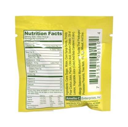 Back of cactus candy singles package showing nutrition facts, ingredients, and barcode.