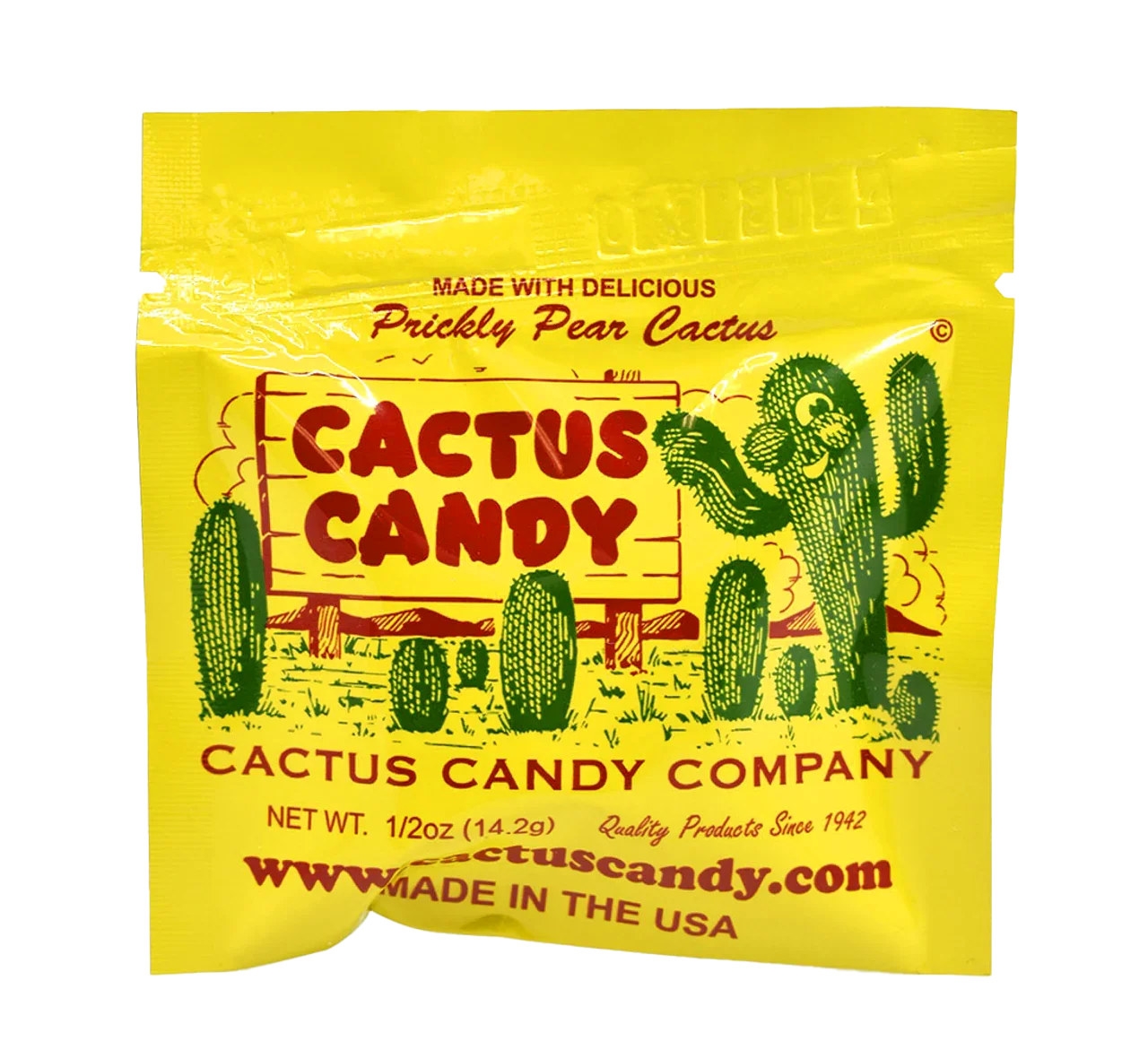 Yellow packet of prickly pear cactus candy with desert cactus graphics