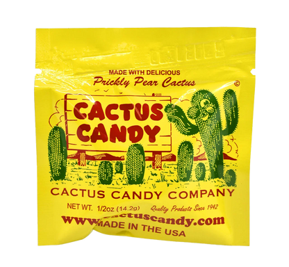 Yellow packet of prickly pear cactus candy with desert cactus graphics