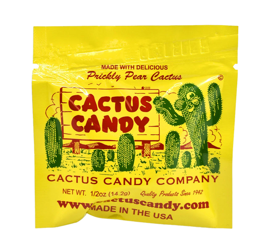 Yellow packet of prickly pear cactus candy with desert cactus graphics