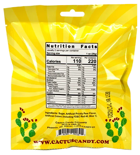 Back of yellow cactus candy bag with nutrition facts, bright sunburst design, and cactus illustrations