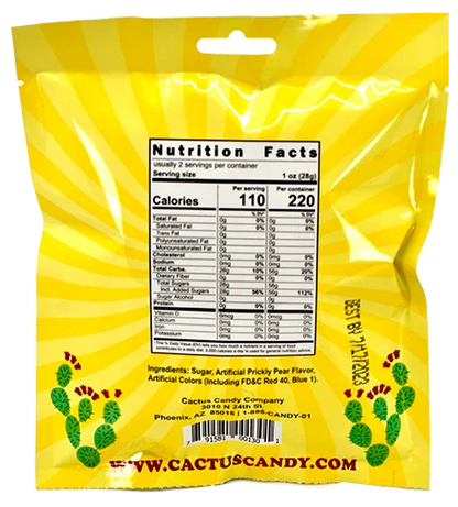 Back of yellow cactus candy bag with nutrition facts, bright sunburst design, and cactus illustrations