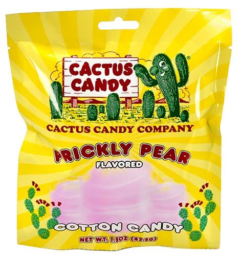 Prickly pear flavored cotton candy in a yellow cactus-themed bag with desert graphics
