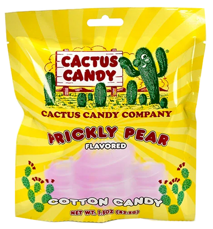 Prickly pear flavored cotton candy in a yellow cactus-themed bag with desert graphics