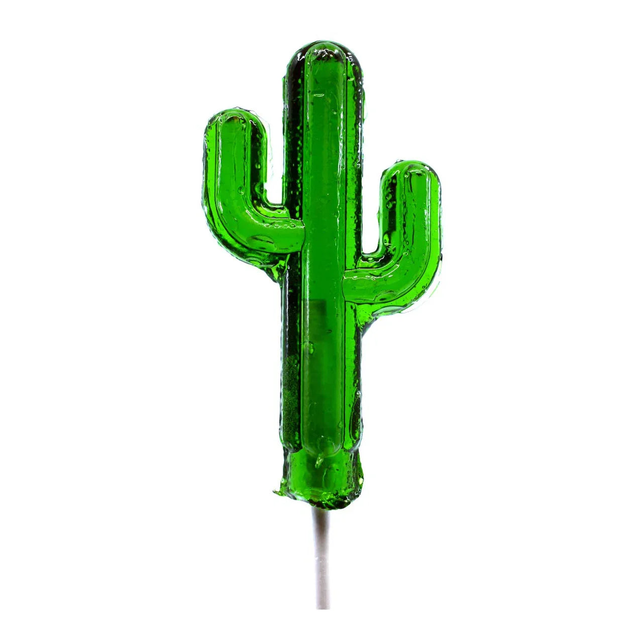 Green cactus-shaped candy lollipop on a stick, desert-themed sweet treat