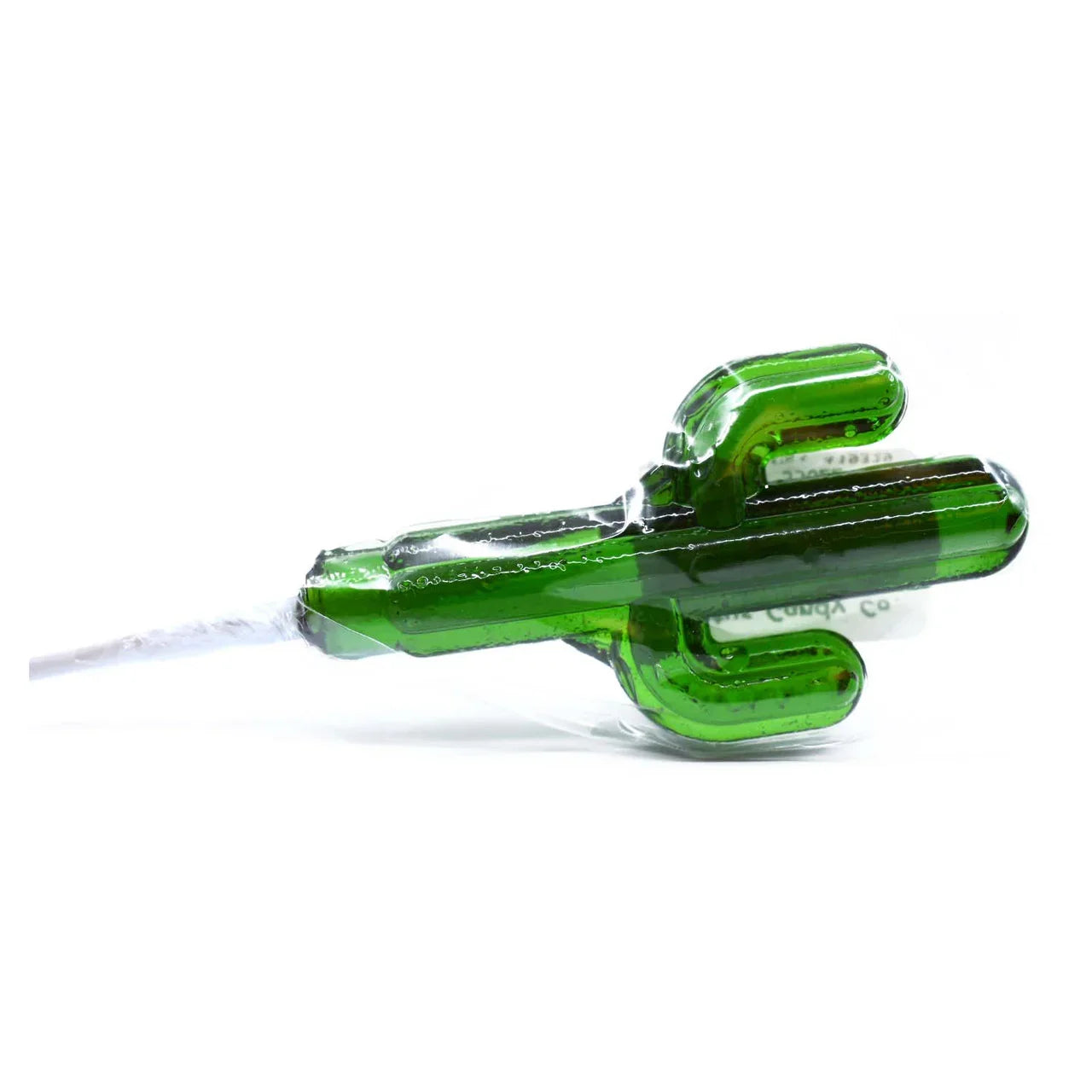 Green cactus-shaped lollipop candy wrapped in clear plastic on a white background