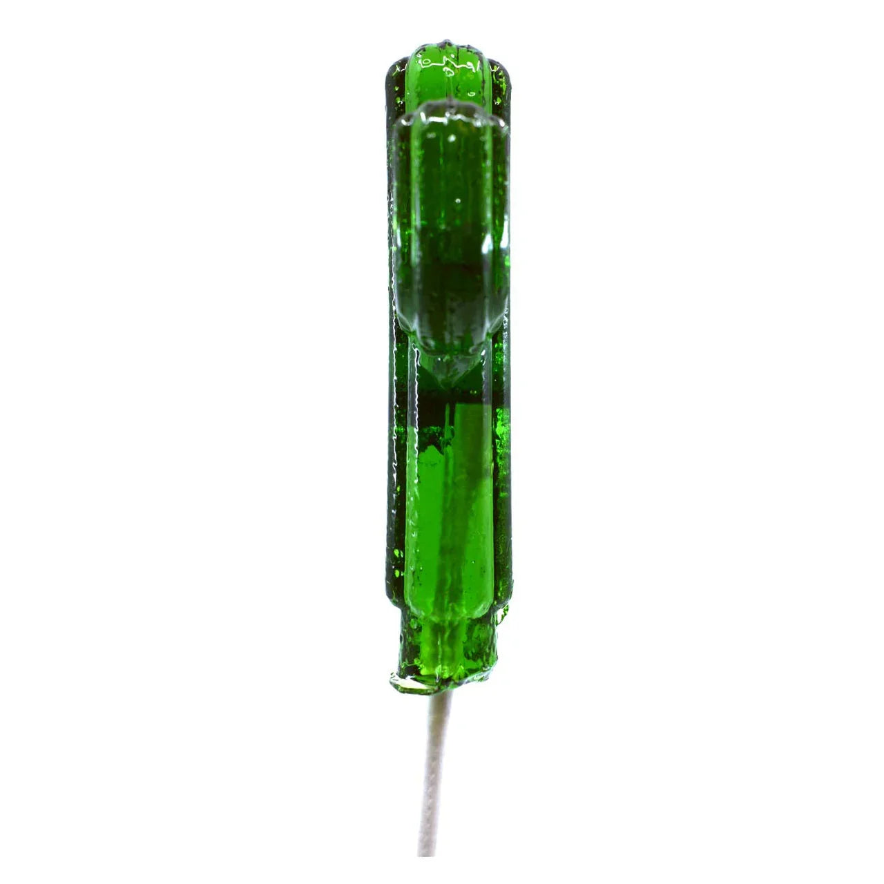 Green cactus-shaped hard candy lollipop on a white stick, isolated on white background.