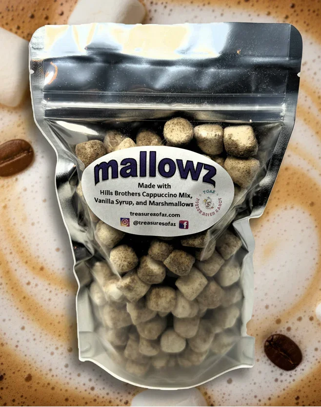 Bag of cappuccino vanilla marshmallows against a coffee and marshmallow background