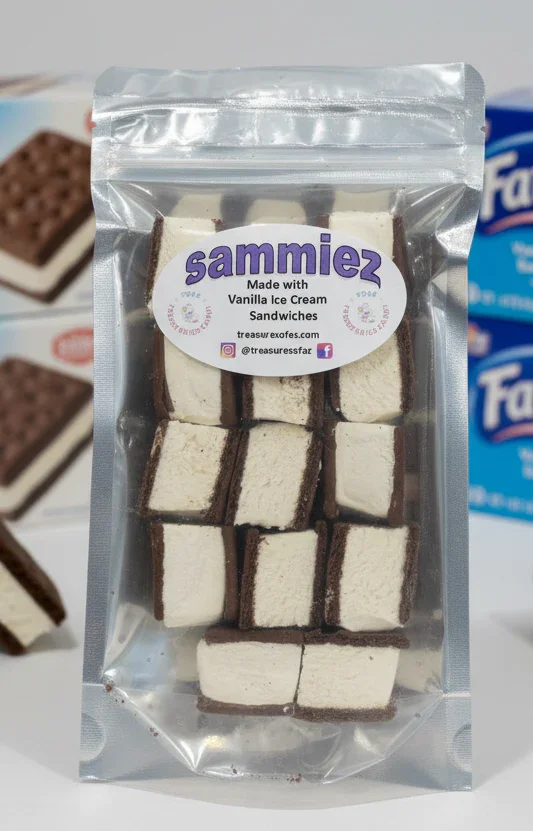 Freeze-dried vanilla ice cream sandwich cubes in clear resealable pouch, dessert snack.