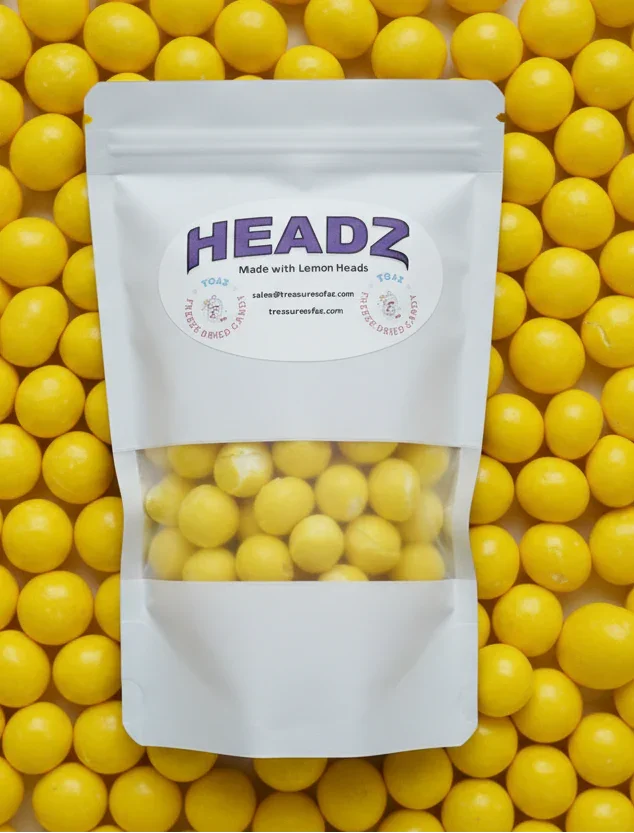 Bag of freeze-dried Lemon Heads candy with bright yellow lemon candy background