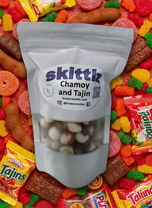 Skittles bag with 'Chamoy and Tajin' flavor on a white background