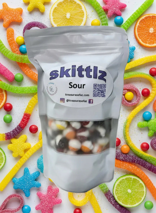 Skittlzs Sour candy bag with visible candies inside on a white background