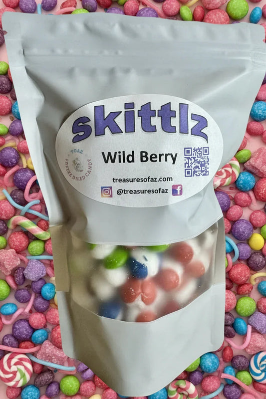 Skittlzs Wild Berry candy bag with visible candies and brand label.