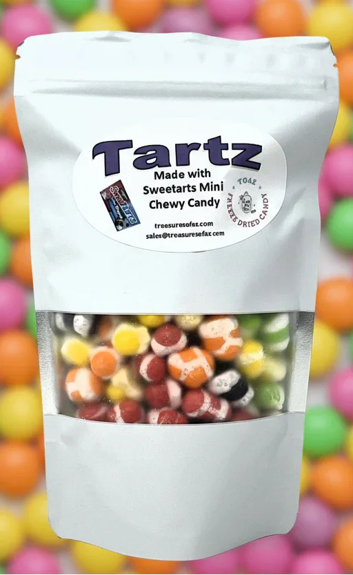 Bag of freeze-dried mini Sweetarts chewy candy with colorful candies inside, clear window