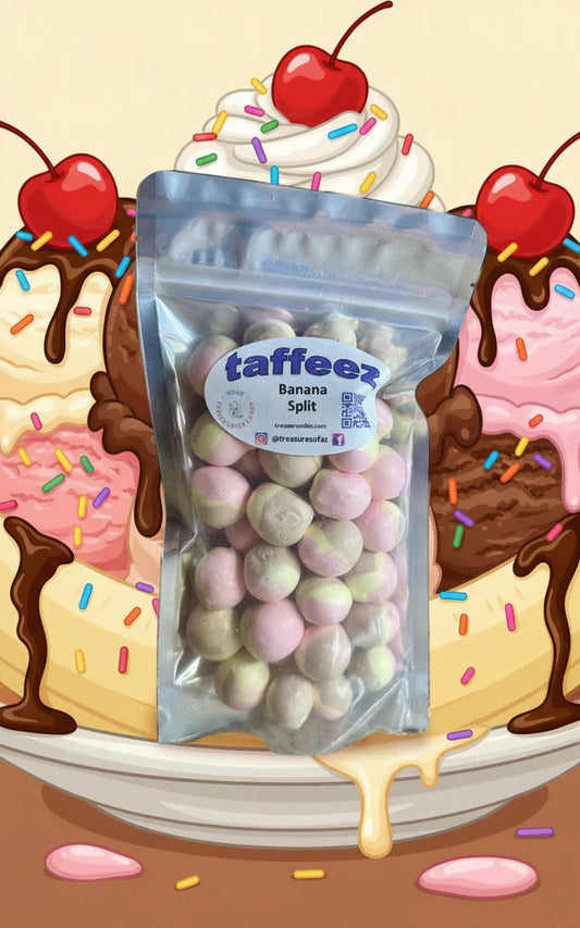 Packaged candy balls with a 'taffeeez' label on a reflective surface