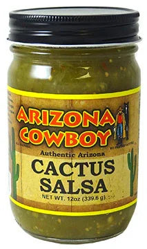12oz jar of Arizona Cowboy cactus salsa with green salsa and cactus label design