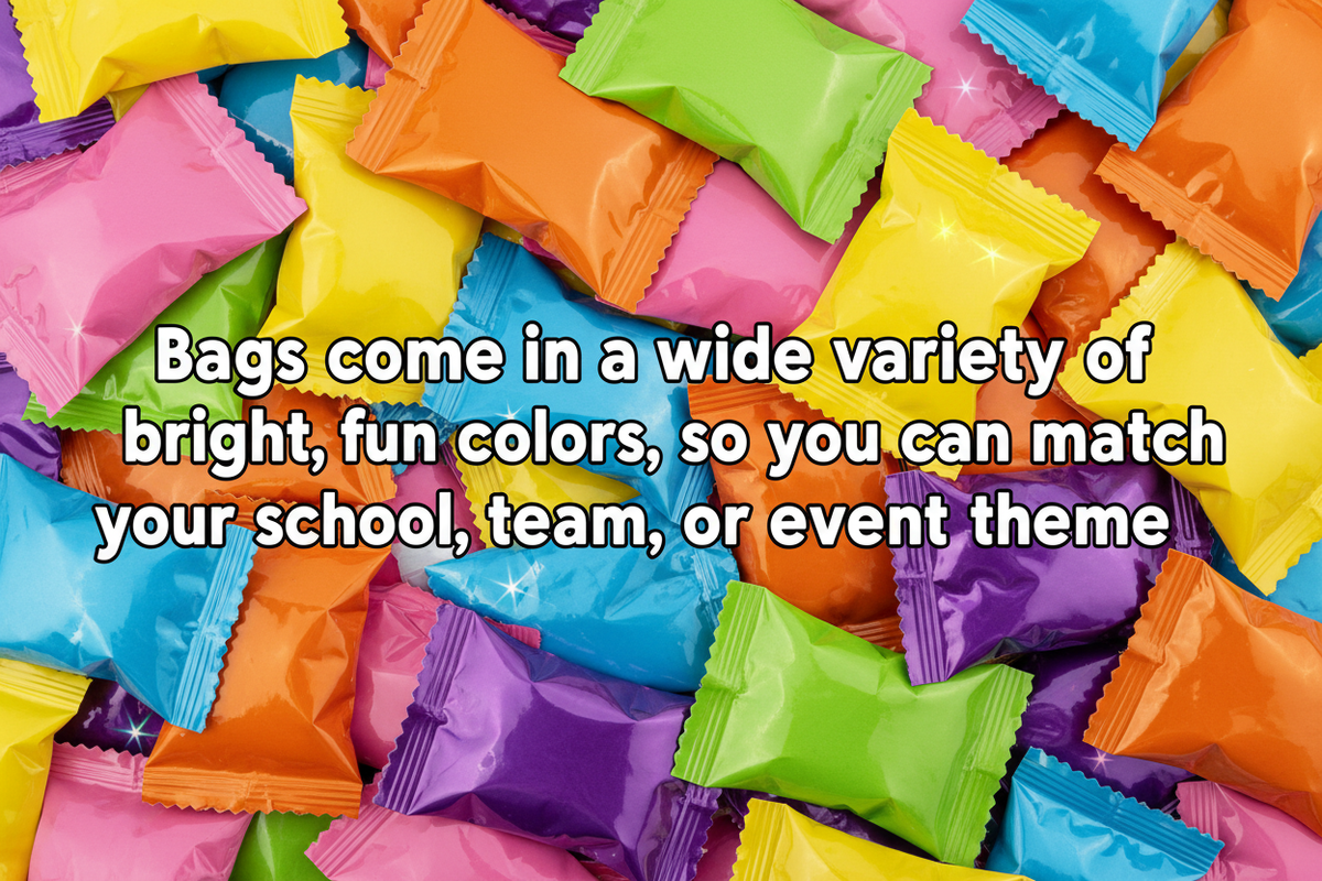 Colorful mylar bags with updated text